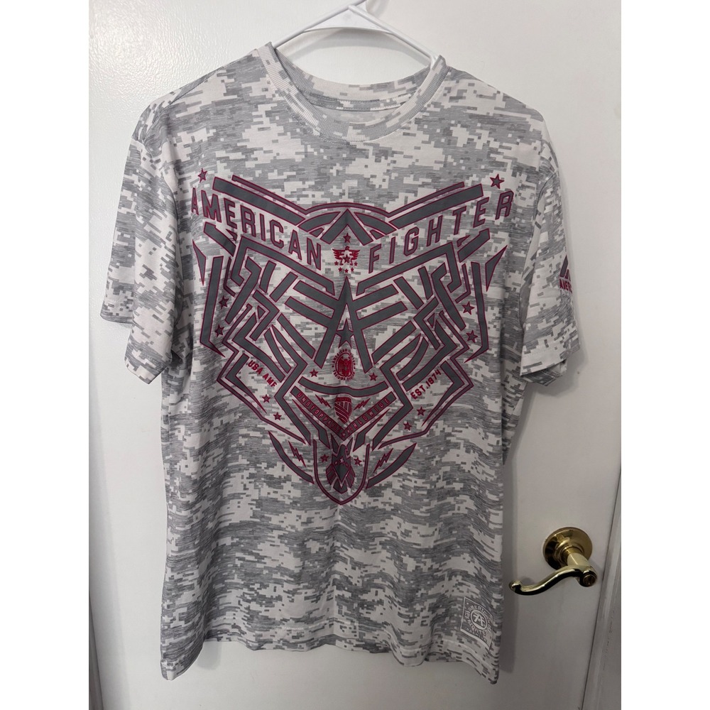 American Fighter Mens Large Digital Camo Graphic T-Shirt Grey Red Training Div